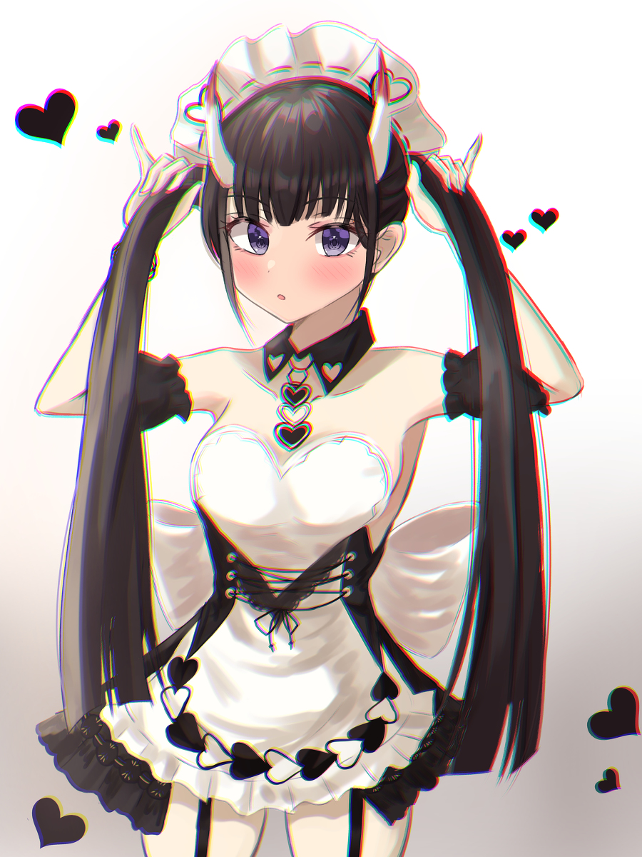 1girl, apron, azur_lane, bangs, black_hair, chromatic_aberration, hair_ornament, heart