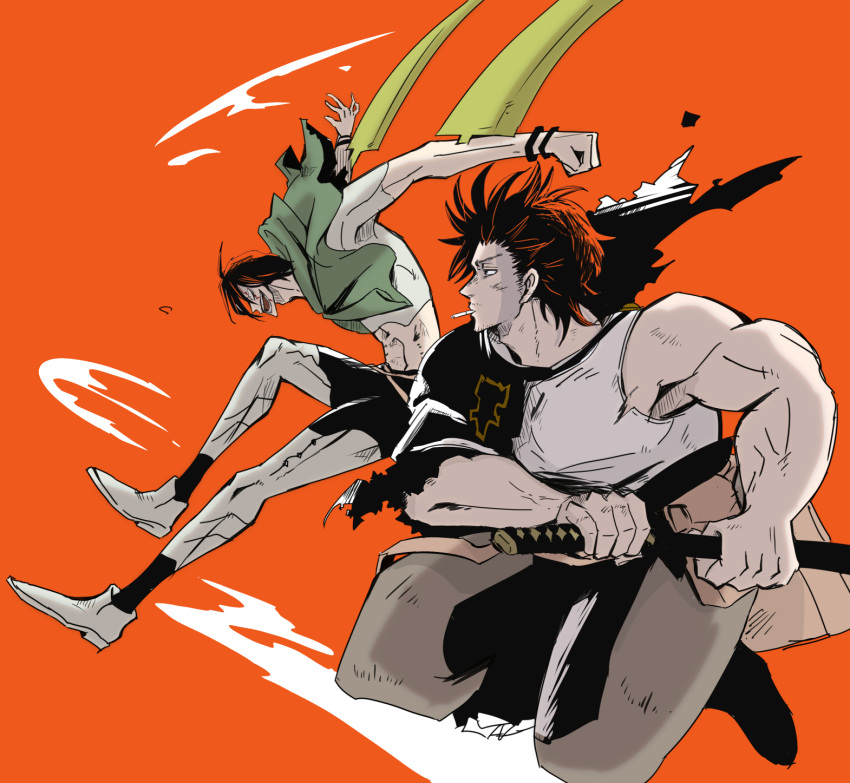 black_clover, black_hair, blade, bracelet, cigarette, floating_cape, highres, jack_the_ripper_(black_clover), jewelry, jumping, lanky_male, male_focus, muscular, muscular_male, sword, teamwork, weapon, yami_sukehiro