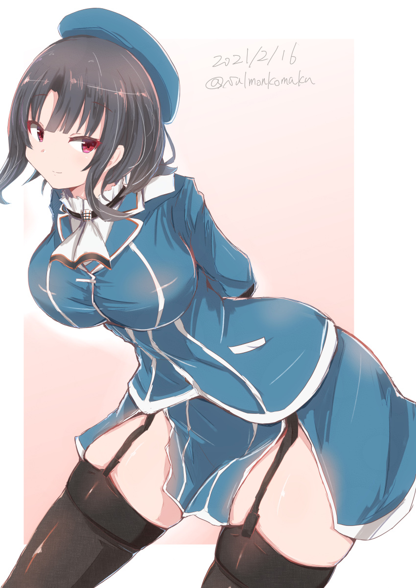 1girl, arm_under_breasts, bangs, beret, black_gloves, black_hair, blue_headwear, breasts