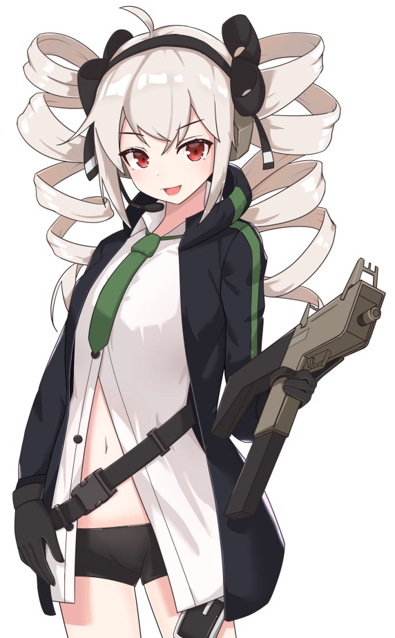 1girl, bangs, bike_shorts, black_gloves, black_jacket, collared_shirt, cowboy_shot, drill_hair