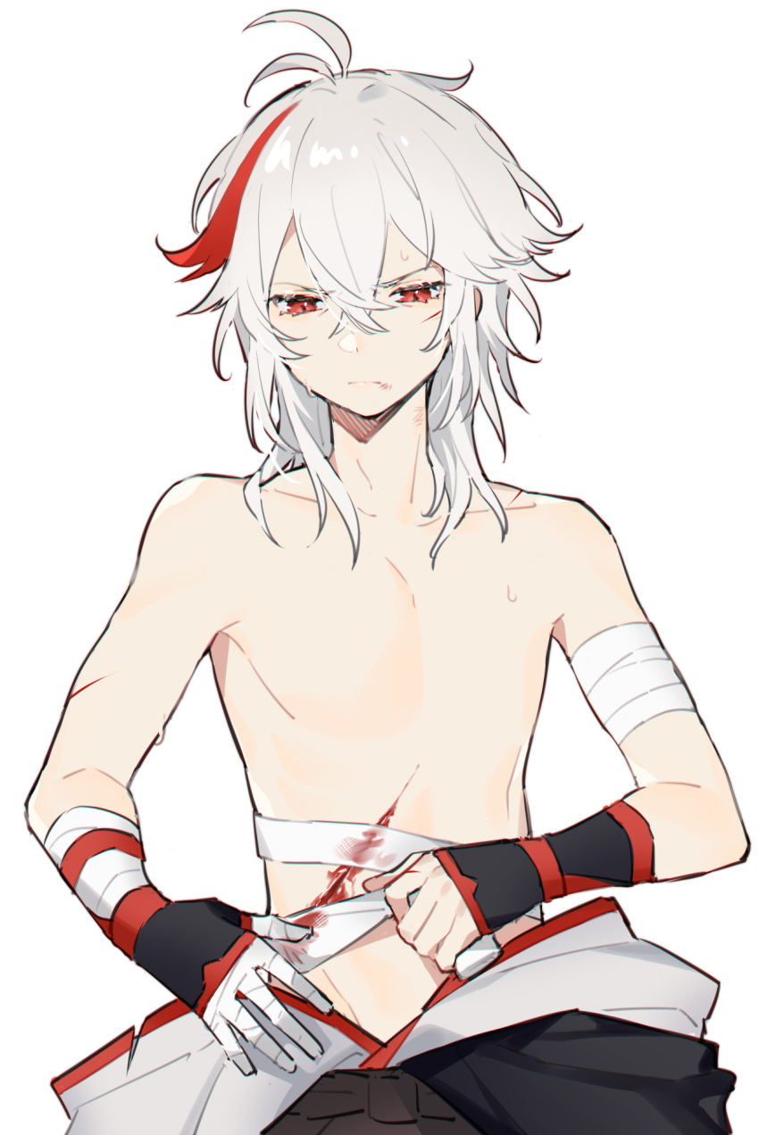 1boy, anchun_(quail0503), bandaged_arm, bandages, bangs, blood, blood_on_bandages, collarbone
