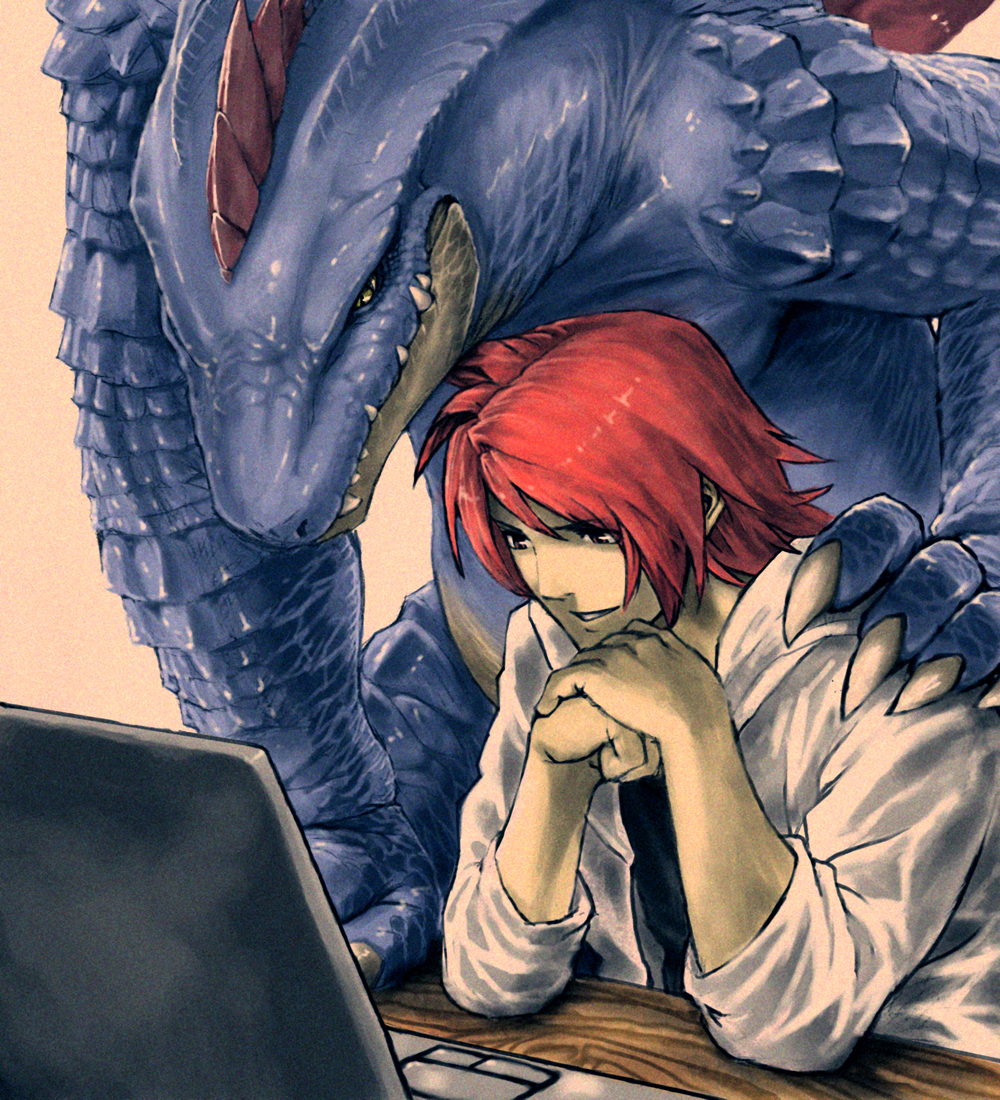1boy, agakunoda, alternate_costume, computer, feraligatr, hand_on_shoulder, pokemon, pokemon_(creature), pokemon_(game), pokemon_gsc, pokemon_special, realistic, scales, shirt, silver_(pokemon)