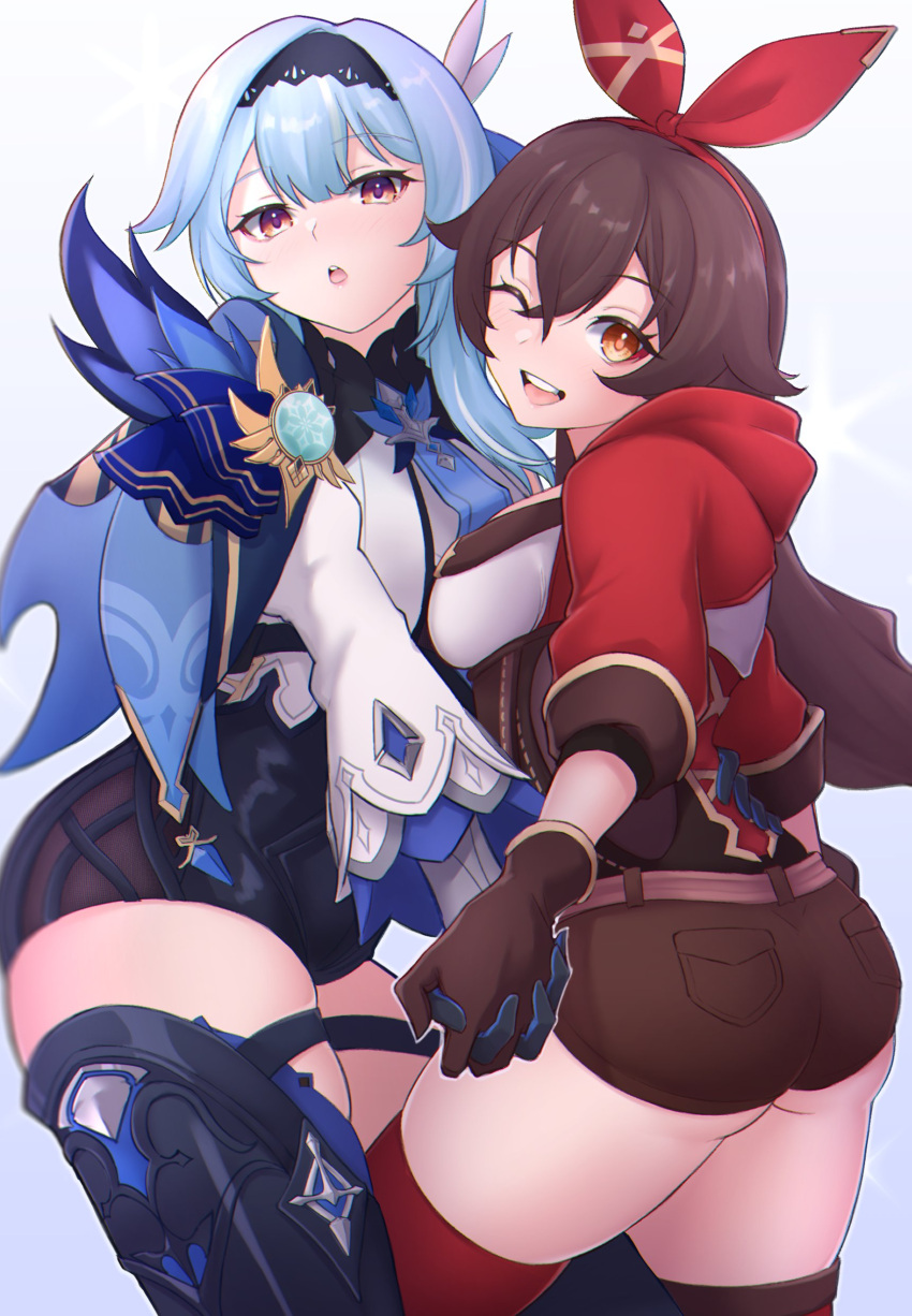 2girls, :o, ;d, absurdres, amber_(genshin_impact), ass, blue_hair, blue_necktie, breasts, brown_hair, eula_(genshin_impact), genshin_impact, gloves, hairband, half-closed_eyes, highres, holding_hands, jacket, kirima_(user_danf8787), long_sleeves, looking_at_viewer, multiple_girls, necktie, one_eye_closed, open_mouth, red_jacket, short_shorts, shorts, smile, thigh-highs, thigh_strap, thighs, vambraces, vision_(genshin_impact), yellow_eyes, yuri