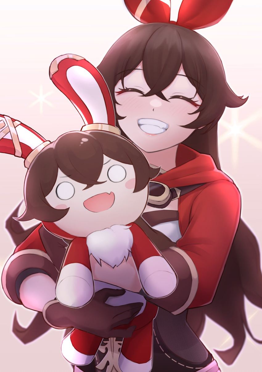 2girls, ^_^, ^o^, absurdres, amber_(genshin_impact), animal_ears, baron_bunny_(genshin_impact), blush