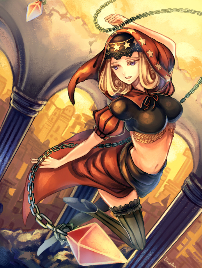 1girl, black_legwear, blonde_hair, breasts, chain, chain_weapon, frilled_garter, frilled_legwear, high_heels, hood, midriff, navel, odin_sphere, orange_yanagi, puff_and_slash_sleeves, puffy_sleeves, red_hood, showgirl_skirt, solo, striped, striped_legwear, veil, velvet_(odin_sphere), vertical-striped_legwear, vertical_stripes, violet_eyes