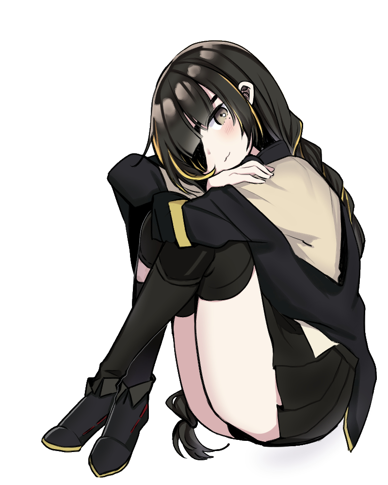 1girl, :3, bangs, black_hair, black_legwear, black_skirt, blush, boots, braid, commentary_request, eyepatch, full_body, girls_frontline, hugging_own_legs, jacket, knee_pads, korean_commentary, long_hair, looking_at_viewer, m16a1_(girls'_frontline), mion_ing, multicolored_hair, off_shoulder, simple_background, single_braid, single_thighhigh, skirt, smile, solo, streaked_hair, thigh-highs, thighs, very_long_hair, white_background
