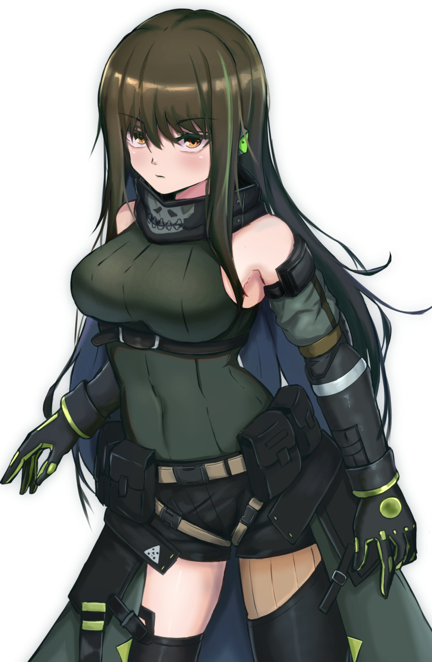 1girl, absurdres, black_gloves, black_shorts, breasts, brown_eyes, brown_hair, closed_mouth, eyebrows_visible_through_hair, feet_out_of_frame, girls_frontline, gloves, green_shirt, grey_background, hand_on_back, hand_on_breast, highres, long_hair, looking_at_viewer, m4a1_(girls_frontline), medium_breasts, multicolored_hair, navel, omurainu, open_clothes, open_shorts, shirt, shorts, solo
