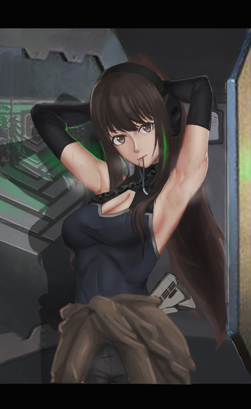 1girl, absurdres, black_gloves, black_shorts, breasts, brown_eyes, brown_hair, closed_mouth