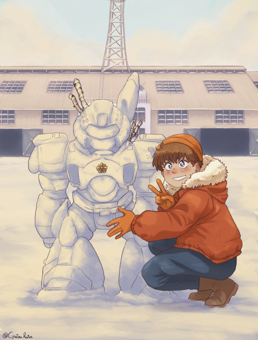 1girl, absurdres, aurora_(cynicalruins), av-98_ingram, beanie, blue_eyes, blush, brown_hair, clouds, coat, gloves, grin, hangar, happy, hat, highres, izumi_noa, kidou_keisatsu_patlabor, looking_at_viewer, looking_to_the_side, mecha, short_hair, signature, sky, smile, snow, snowman, solo, squatting, stick, twitter_username, v, winter, winter_clothes, winter_coat