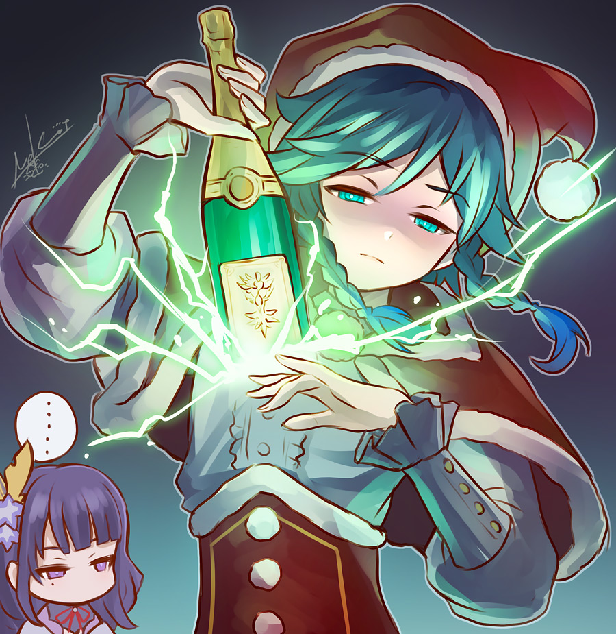 ..., 1boy, 1girl, alternate_costume, aqua_background, aqua_eyes, aqua_hair, artist_name