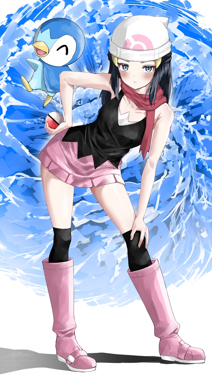 1girl, bare_back, black_blouse, blouse, blue_eyes, blush, boots, hair_ornament, hand_on_hip, hat, highres, hikari_(pokemon), looking_at_viewer, miniskirt, piplup, poke_ball, pokemon, pokemon_(creature), pokemon_(game), pokemon_dppt, shirubaa, skirt, solo_focus