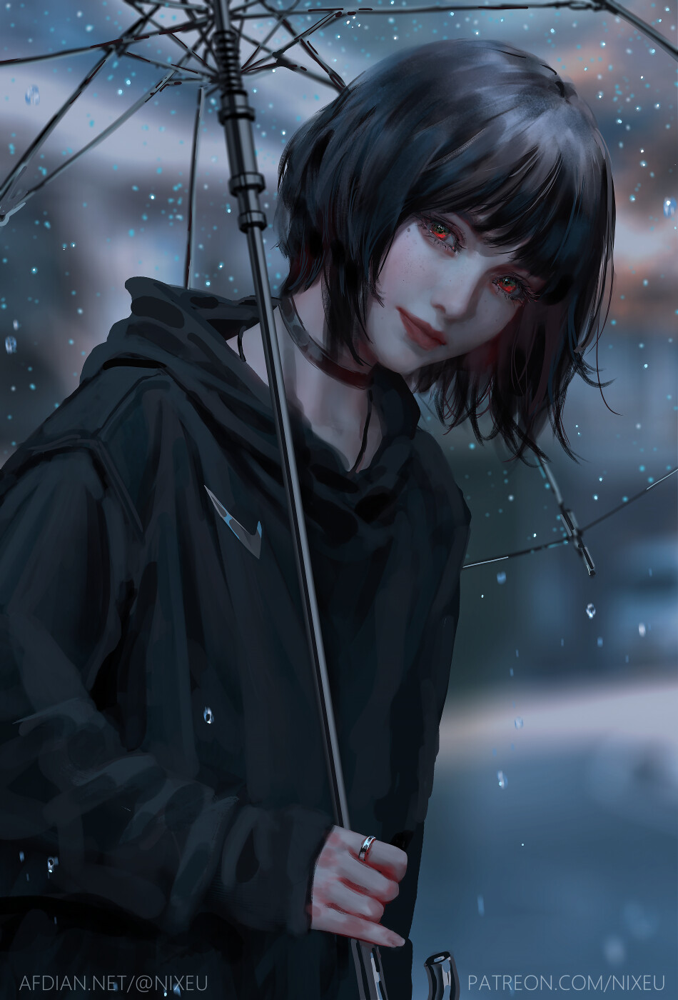 1girl, afdian_username, black_hair, black_hoodie, blurry, blurry_background, choker, highres