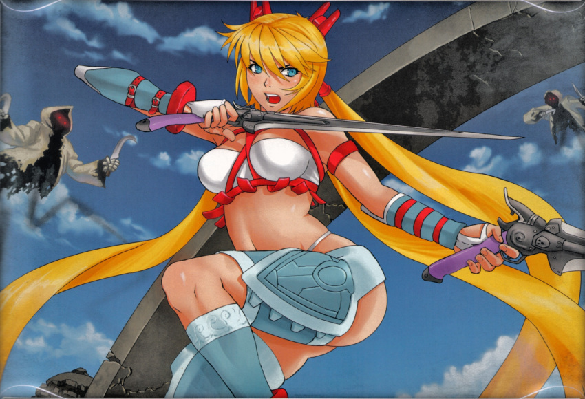 ayumi_(x-blades), blonde_hair, blue_eyes, bustier, dual_wielding, fingerless_gloves, gloves, gun
