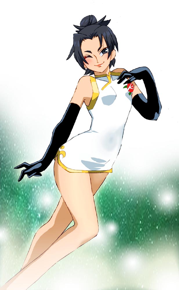 1girl, black_eyes, black_gloves, black_hair, blush, china_dress, chinese_clothes, closed_mouth