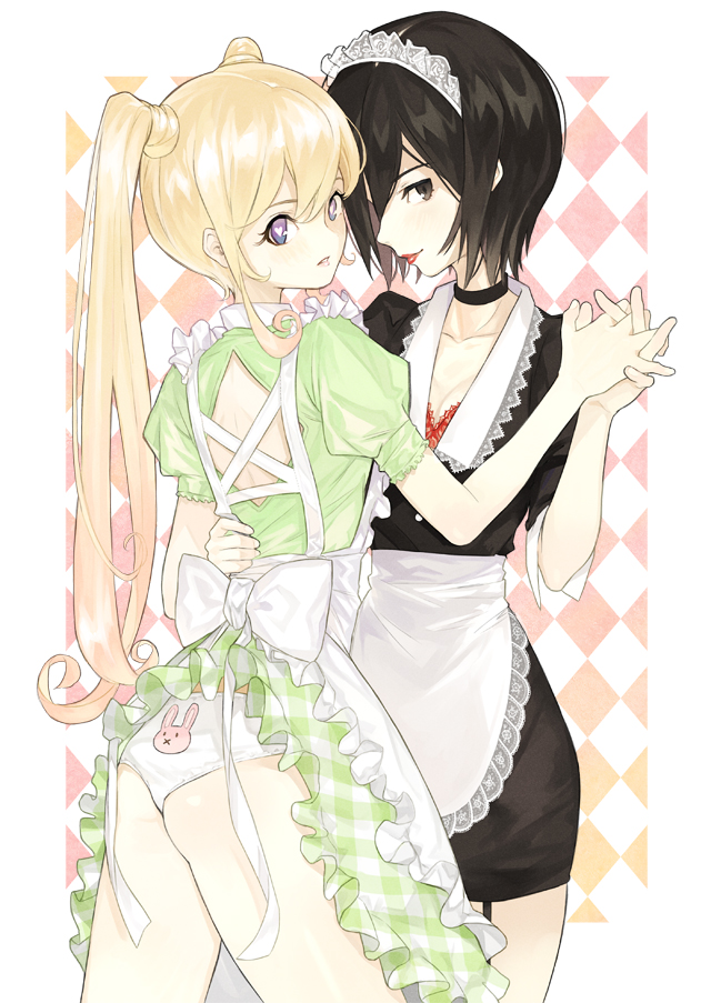 2girls, apron, back, back_cutout, black_choker, black_hair, blonde_hair, blue_eyes