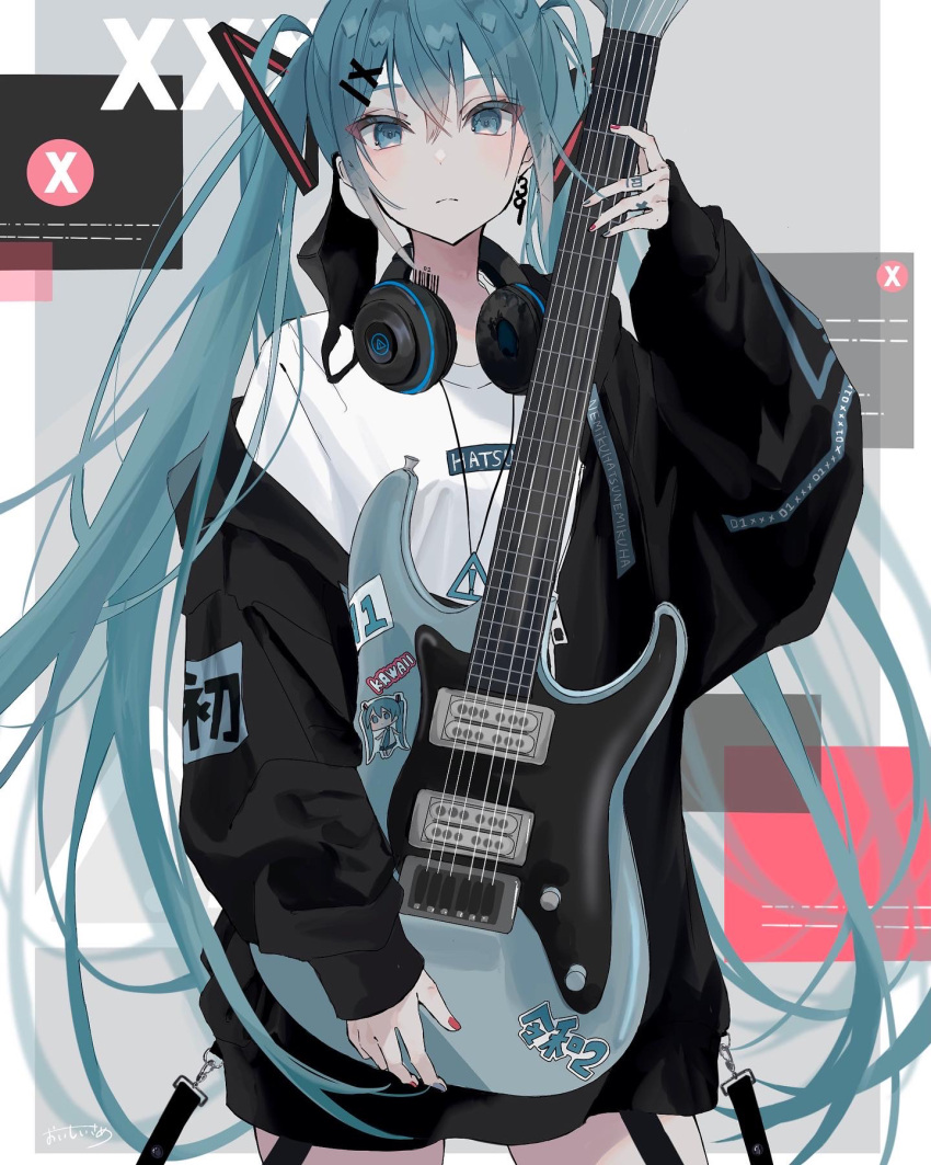 1girl, alternate_costume, aqua_background, aqua_eyes, aqua_hair, barcode, barcode_tattoo, black_jacket