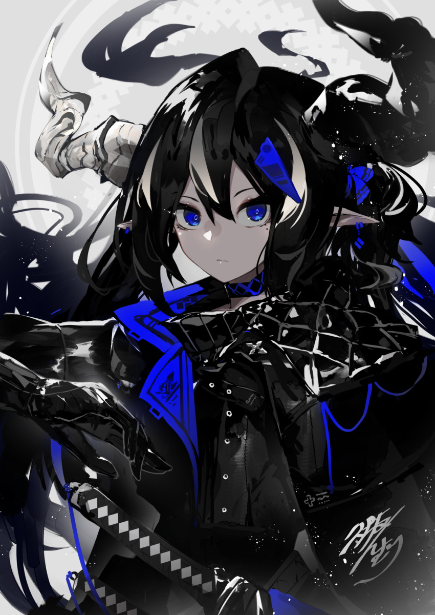 1boy, black_coat, black_gloves, black_hair, blue_eyes, blue_hair, coat, commentary