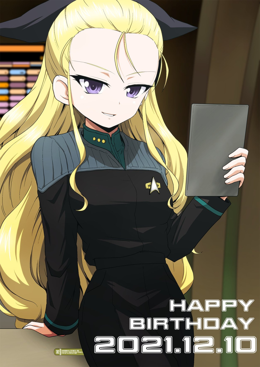 1girl, assam_(girls_und_panzer), birthday, black_jumpsuit, black_ribbon, blonde_hair, blue_eyes, commentary_request