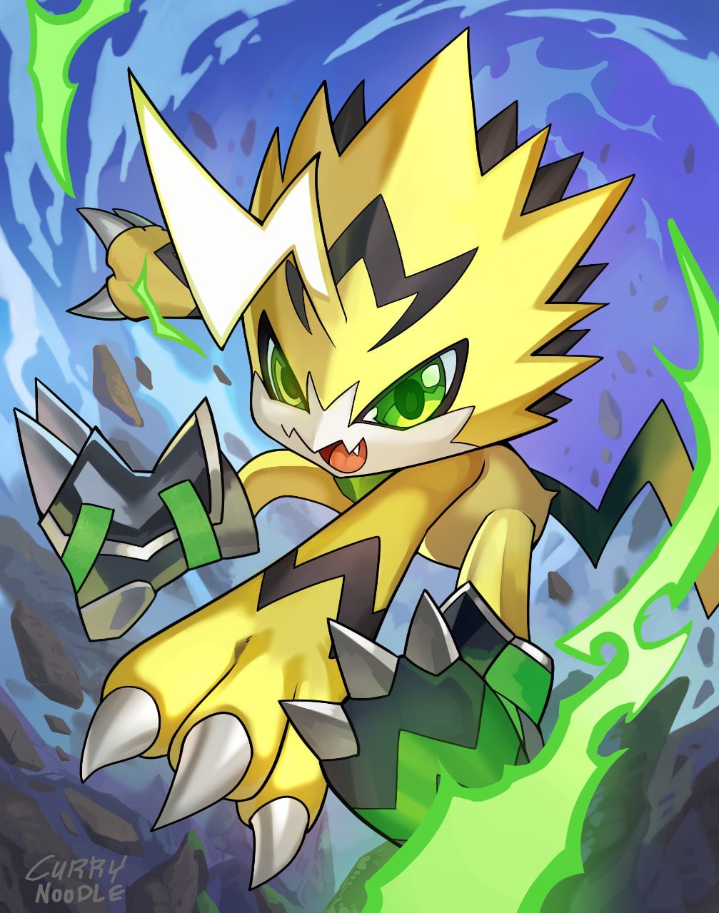 blue_background, claws, commentary, debris, digimon, digimon_(creature), energy, english_commentary