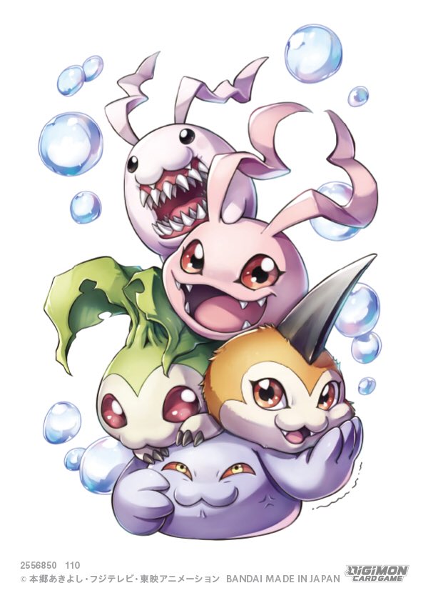 :3, :d, anger_vein, black_eyes, bubble, closed_mouth, colored_sclera, commentary_request, company_name, copyright_name, digimon, digimon_(creature), english_text, fangs, happy, horns, koromon, logo, looking_at_viewer, no_humans, official_art, on_head, open_mouth, pagumon, red_eyes, red_sclera, sharp_teeth, single_horn, smile, takase_(takase1214), tanemon, teeth, tokomon, tunomon, white_background, yellow_eyes