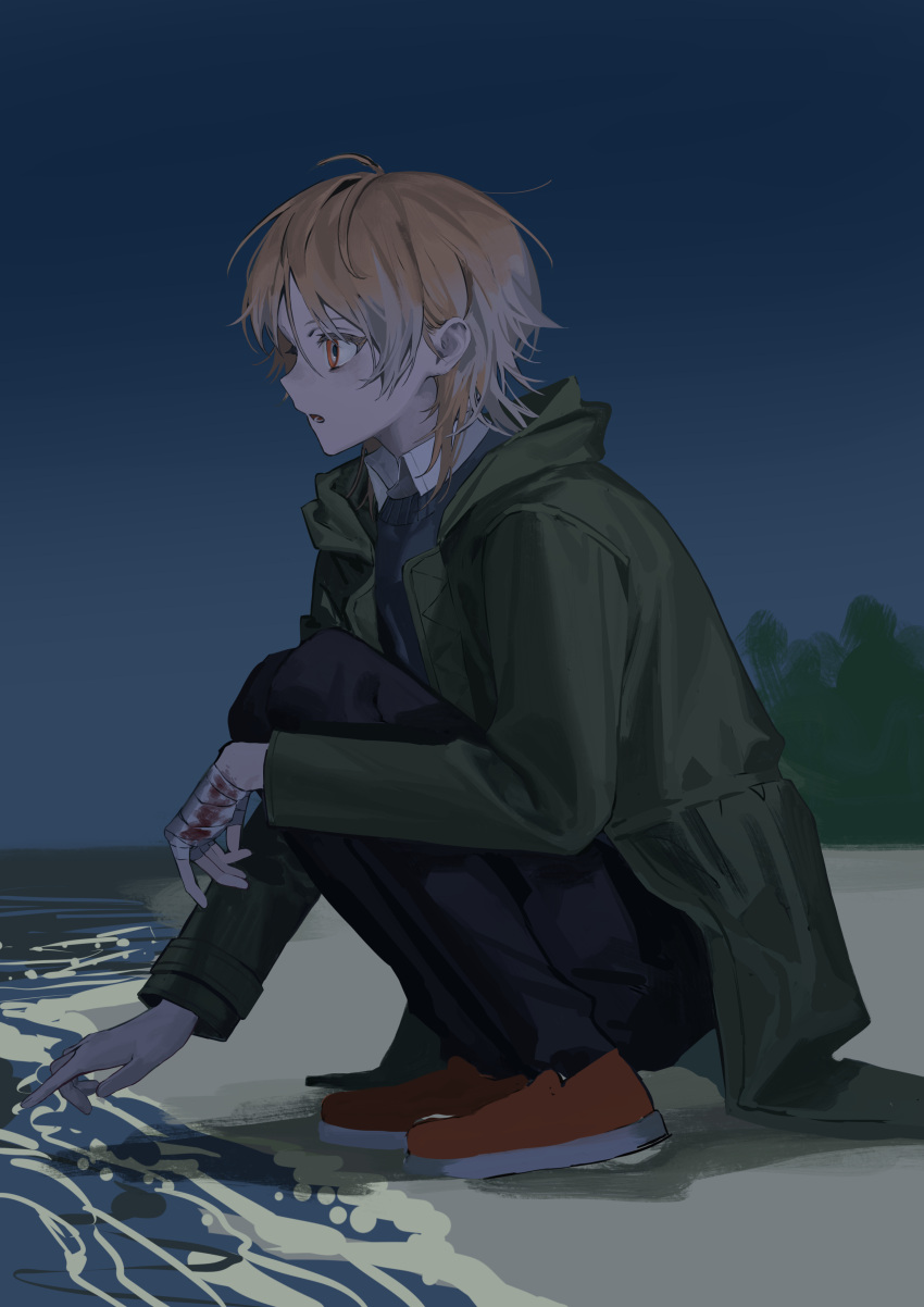 1boy, absurdres, bandaged_hand, bandages, beach, black_pants, blood, blood_on_bandages, brown_hair, coat, commentary_request, full_body, green_coat, highres, long_sleeves, male_focus, night, night_sky, orange_eyes, orange_footwear, original, outdoors, pants, parted_lips, photoshop_(medium), shoes, short_hair, sky, solo, squatting, torino_kawazu, water
