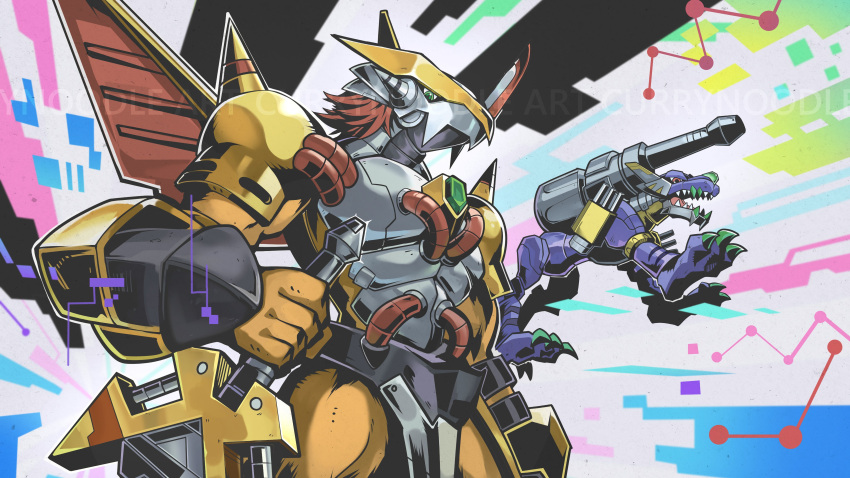 absurdres, armor, artist_name, cannon, closed_mouth, cowboy_shot, digimon, digimon_(creature), digimon_adventure, green_eyes, highres, holding, holding_sword, holding_weapon, mecha, metalgarurumon, mixed-language_commentary, no_humans, open_mouth, red_eyes, redhead, sharp_teeth, sword, teeth, wargreymon, weapon, yeo_yee_heng