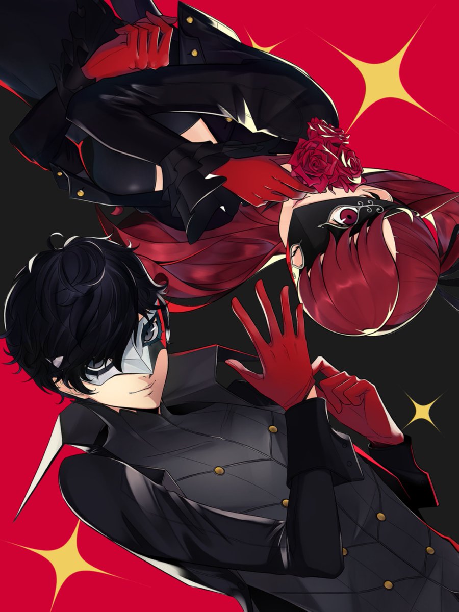 1boy, 1girl, adjusting_clothes, adjusting_gloves, amamiya_ren, bangs, black_eyes, black_hair