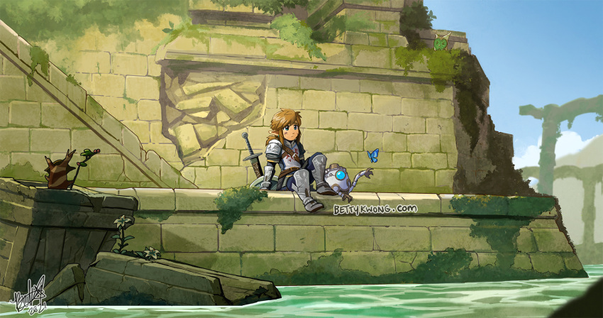1boy, armor, bettykwong, blonde_hair, blue_eyes, blue_sky, bug, butterfly