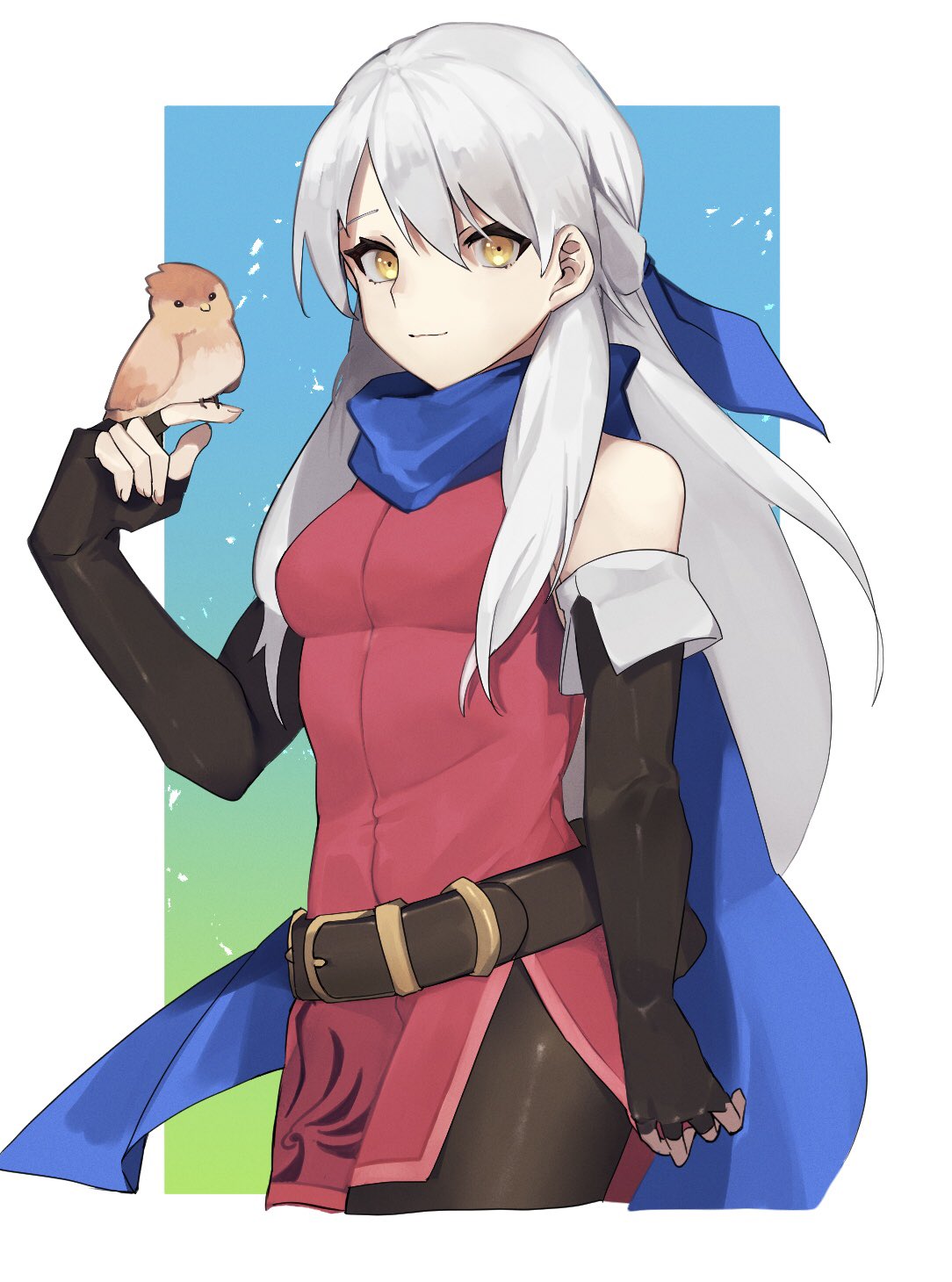 1girl, bangs, belt, bird, bird_on_hand, black_gloves, black_legwear, blue_scarf, border, cowboy_shot, dress, elbow_gloves, fingerless_gloves, fire_emblem, fire_emblem:_radiant_dawn, gloves, hair_ribbon, half_updo, highres, leggings, long_hair, looking_at_viewer, micaiah_(fire_emblem), ribbon, scarf, seinikuten, side_slit, silver_hair, simple_background, sleeveless, sleeveless_dress, smile, solo, standing, white_border, yellow_eyes, yune_(fire_emblem)