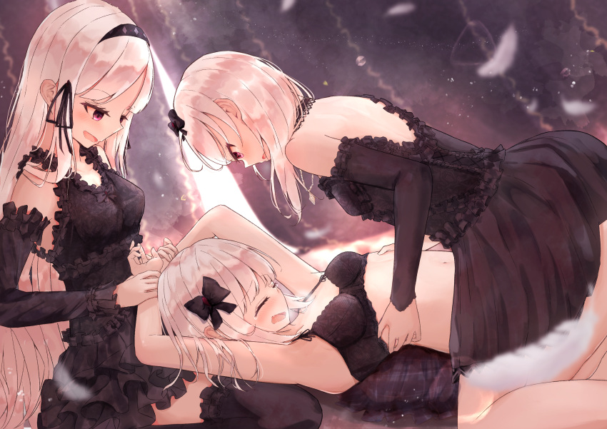 3girls, absurdres, bangs, bare_shoulders, benevole, black_bow, black_bra, black_dress