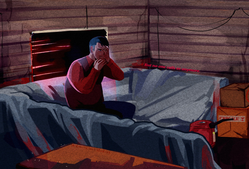 1boy, black_hair, blue_eyes, boarded_windows, box, cardboard_box, couch, cushion