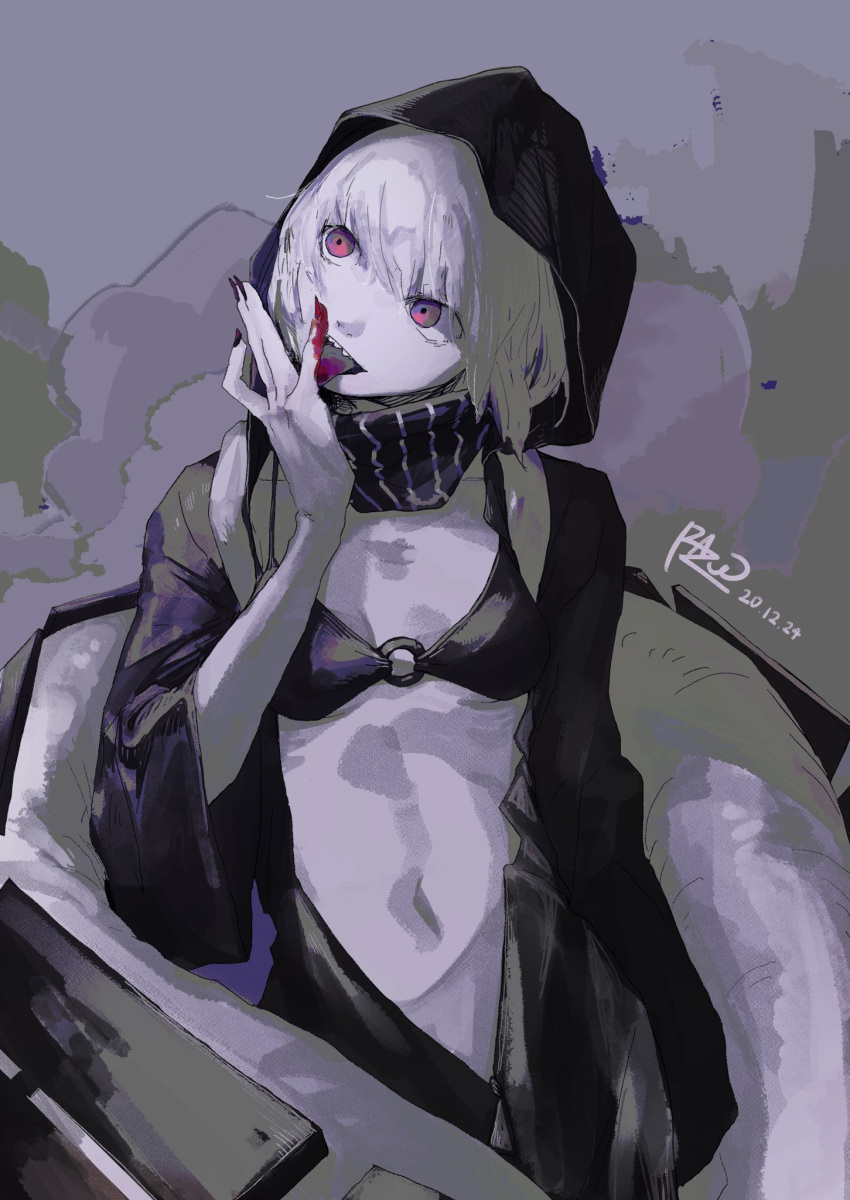 1girl, abyssal_ship, bangs, bikini, bikini_top, black_bikini, black_nails, black_scarf