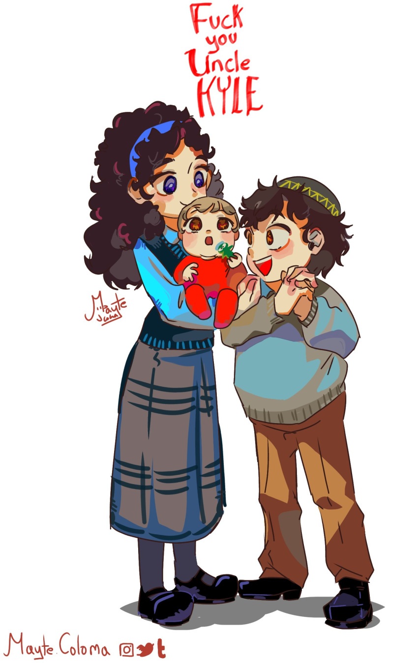 1girl, 2boys, baby, baby_carry, brother_and_sister, brothers, brown_hair, carrying