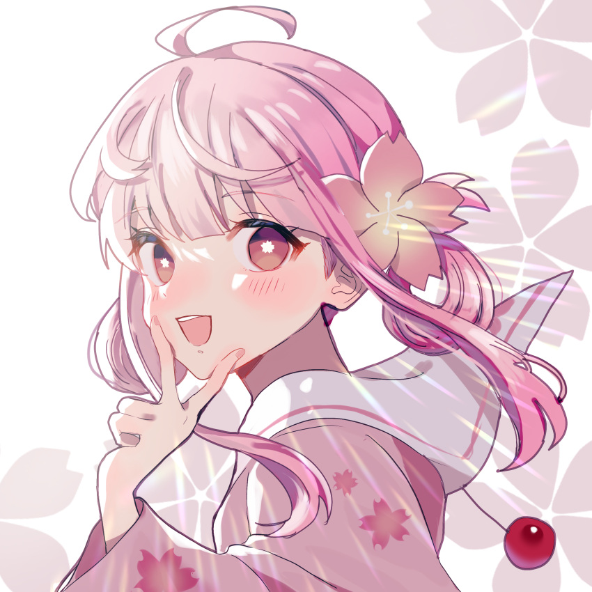 1girl, absurdres, bangs, blush, cherry_blossoms, clothes_lift, finger_to_mouth, hair_ornament