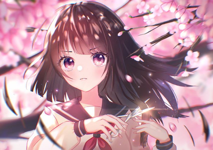 1girl, absurdres, bangs, black_hair, cherry_blossoms, closed_mouth, cutting_hair, highres
