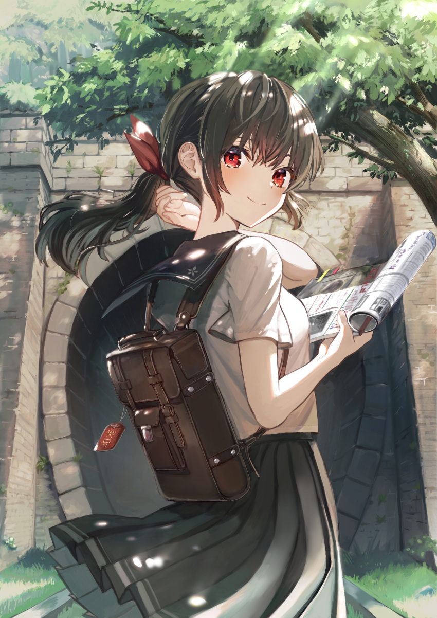 1girl, absurdres, bag, black_hair, bookbag, clothes_lift, highres, looking_at_viewer