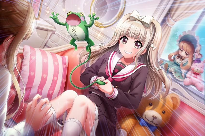 blush, d4dj, dress, grey_eyes, grey_hair, long_hair, shiratori_kurumi, smile