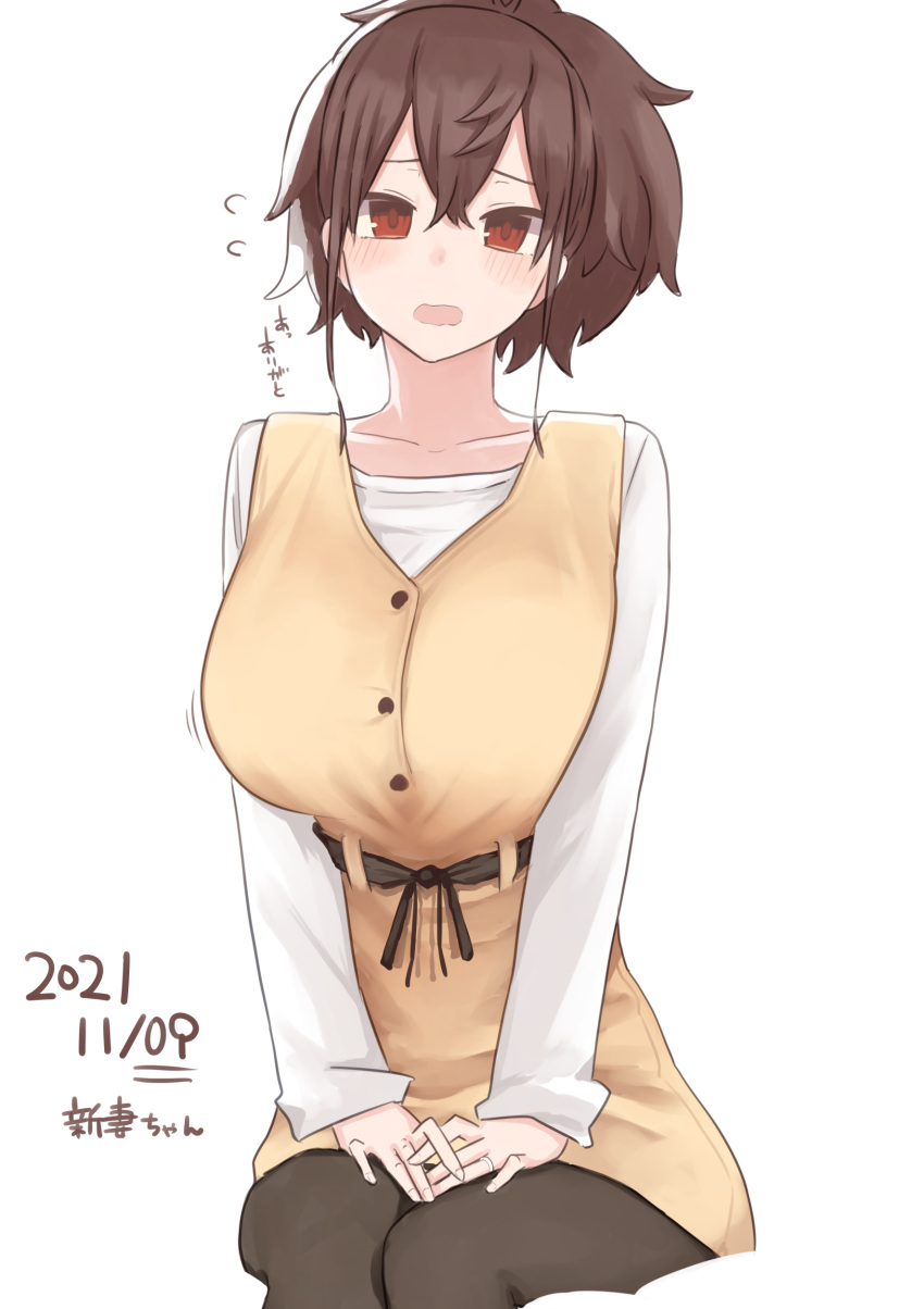1girl, absurdres, black_sash, blush, breasts, brown_legwear, flying_sweatdrops, highres