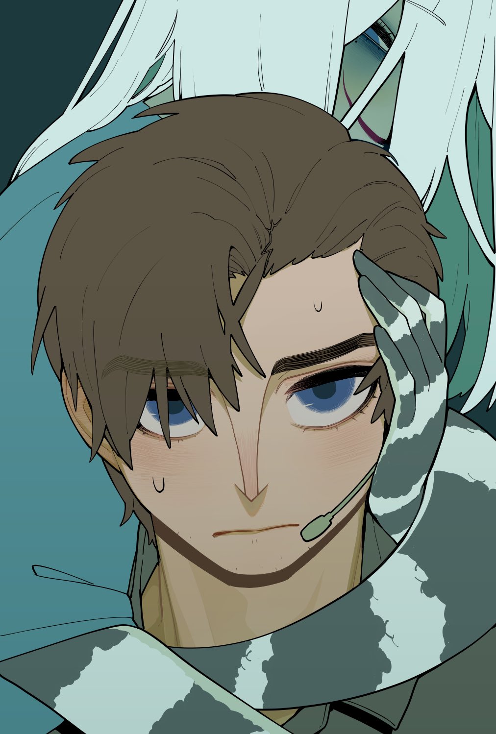 1boy, 1girl, bags_under_eyes, blue_eyes, blue_shirt, blush, brown_hair, colored_inner_hair