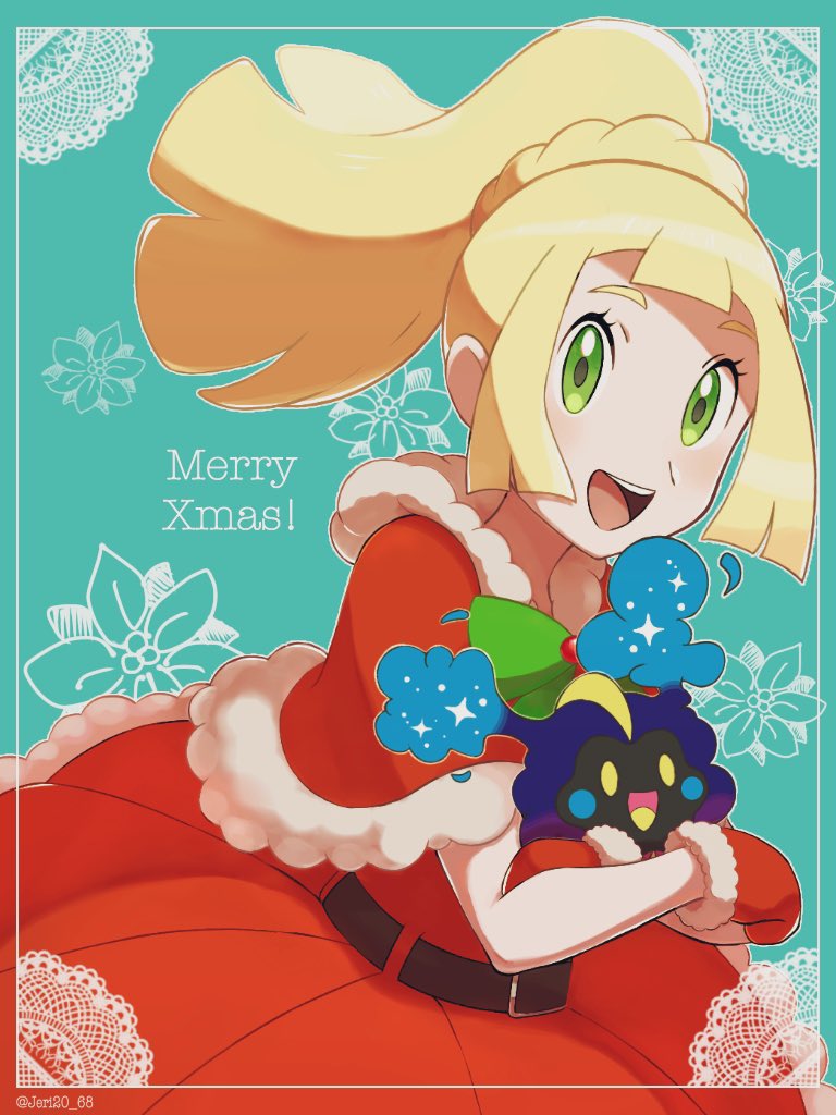 1girl, :d, bangs, belt, blonde_hair, brown_belt, capelet, christmas, commentary_request, cosmog, dress, eyelashes, floating_hair, framed, fur-trimmed_capelet, fur_trim, green_background, green_eyes, holding, holding_pokemon, jeri20, lillie_(pokemon), long_hair, merry_christmas, mittens, open_mouth, pokemon, pokemon_(creature), pokemon_(game), pokemon_sm, red_capelet, red_dress, red_mittens, smile, teeth, tongue, twitter_username, upper_teeth