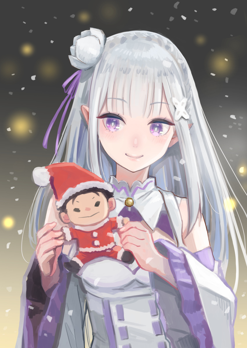 1girl, absurdres, bangs, blush, christmas, dress, emilia_(re:zero), flower