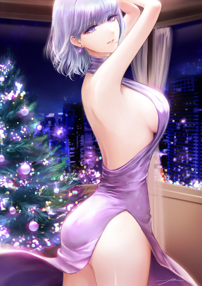 1girl, alternate_costume, arms_up, ass, back, bangs, bare_shoulders, breasts, building, christmas, christmas_tree, curtains, dress, earrings, eyes_visible_through_hair, filha, from_side, girls_frontline, hair_behind_ear, halterneck, highres, indoors, jewelry, large_breasts, looking_at_viewer, night, night_sky, purple_hair, rpk-16_(girls'_frontline), short_hair, side_slit, sideboob, silver_hair, sky, thighs, violet_eyes, window