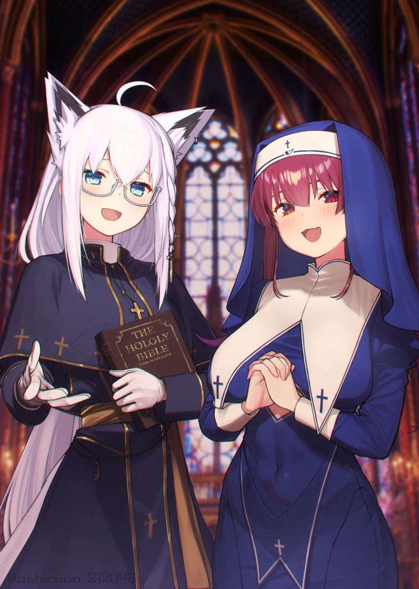 2girls, absurdres, ahoge, animal_ears, bangs, blue_dress, blurry, blurry_background
