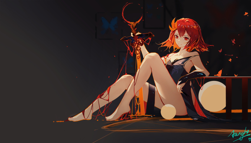 1girl, bare_shoulders, barefoot, black_dress, breasts, bug, butterfly, chiyu_(synthesizer_v)