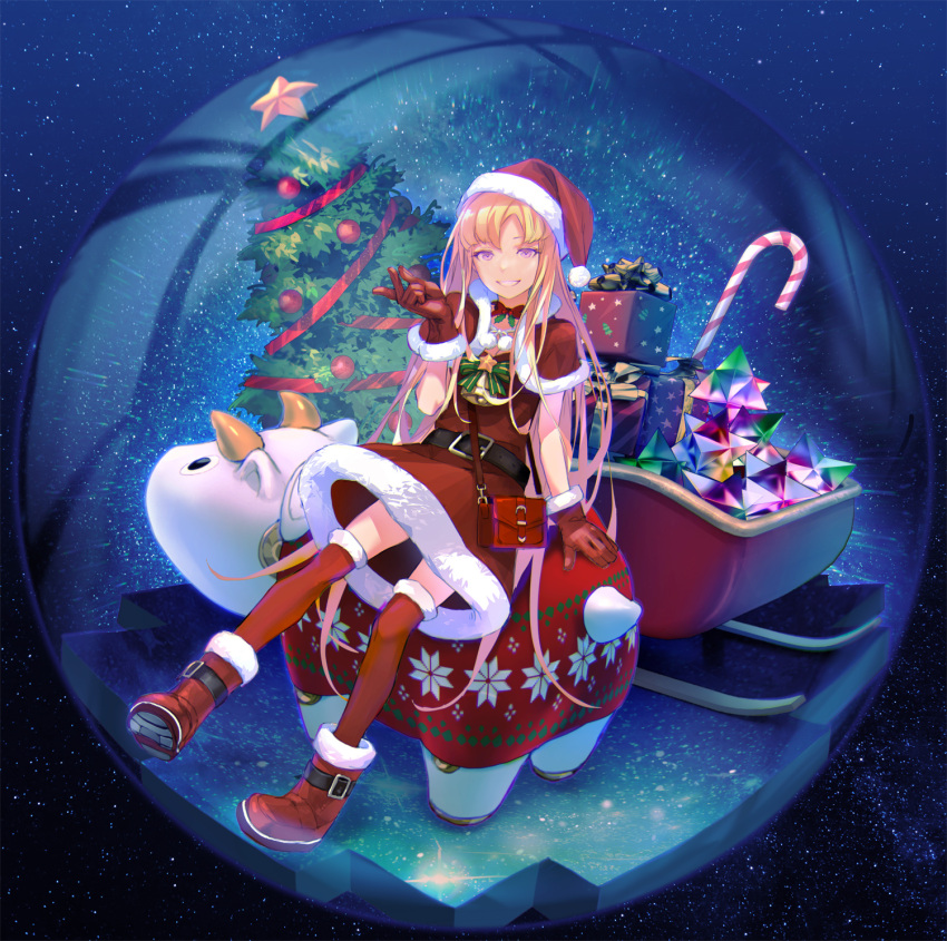 1girl, bag, belt, blonde_hair, boots, bull, candy, candy_cane