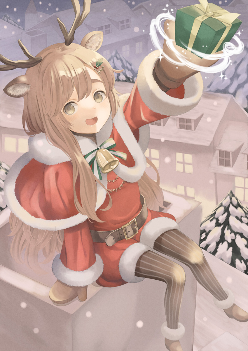 1girl, animal_ears, antlers, bangs, bell, blush, brown_eyes, brown_hair