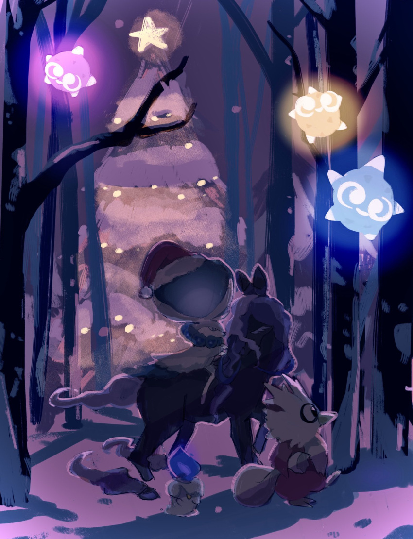 anzu_(01010611), bare_tree, calyrex_(shadow_rider), christmas_tree, delibird, from_side, hat, hatted_pokemon