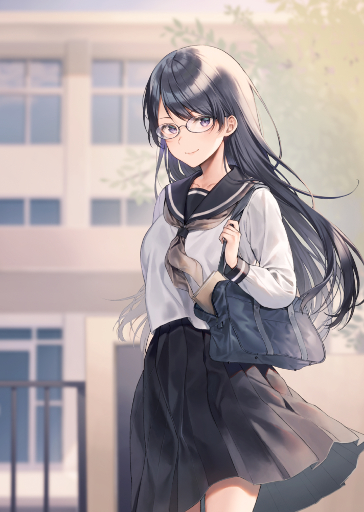 1girl, bag, bangs, black_hair, black_sailor_collar, black_skirt, blurry, blurry_background