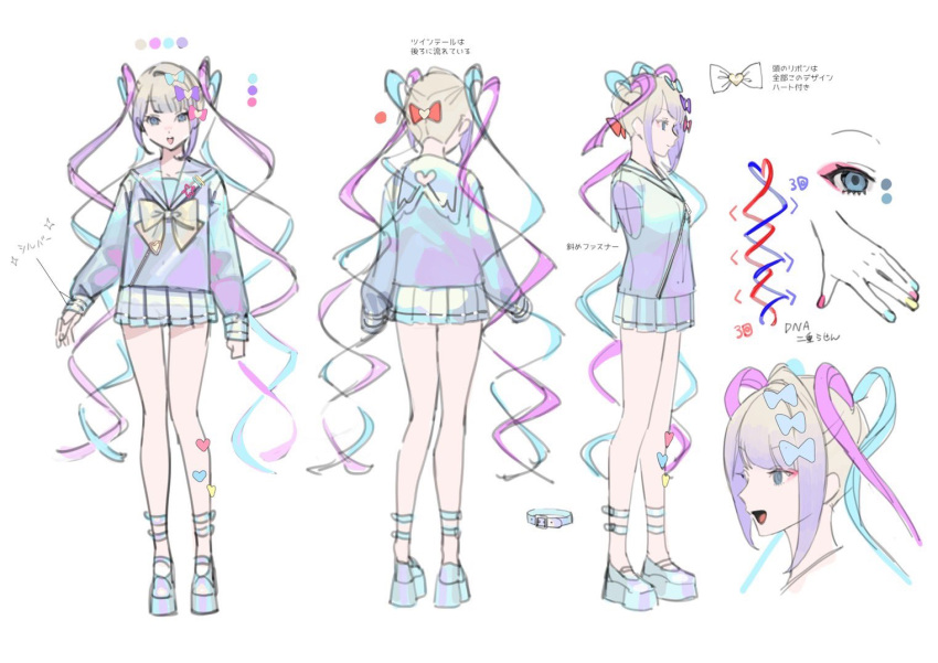 1girl, :d, blue_bow, blue_eyes, bow, concept_art, fingernails, hair_bow, long_hair, long_sleeves, looking_at_viewer, miniskirt, multicolored_hair, multicolored_nails, multiple_views, nail_polish, needy_girl_overdose, official_art, ohisashiburi, omgkawaiiangel-chan, open_mouth, platform_footwear, purple_shirt, school_uniform, serafuku, shirt, shoes, simple_background, skirt, smile, translation_request, twintails, very_long_hair, white_background, white_skirt