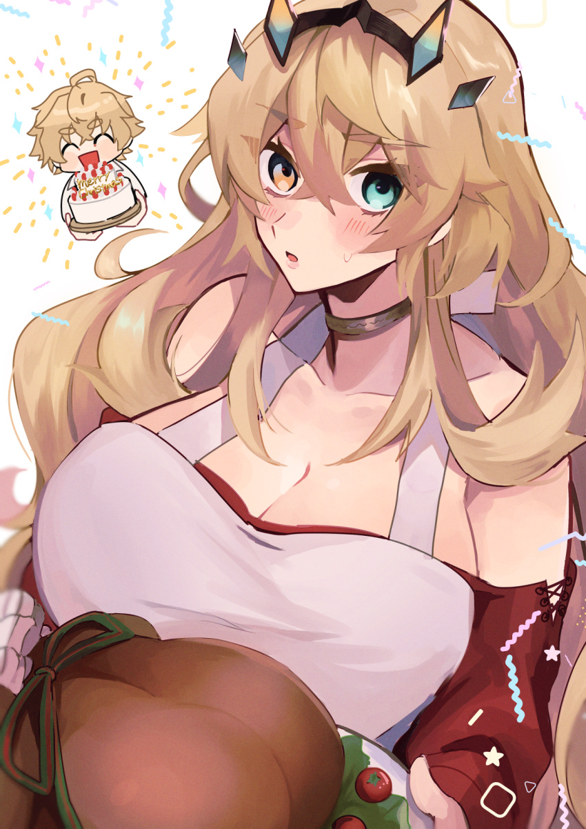 1boy, 1girl, aomattya, apron, blonde_hair, breasts, cake, choker, fairy_knight_gawain_(fate), fate/grand_order, fate_(series), food, gawain_(fate), heterochromia, highres, huge_breasts, long_hair, strapless, tray, turkey_(food)